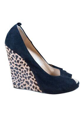 Giuseppe Zanotti Peep Toe Calf Hair Leopard Print Wedge Shoes Heels Size 39
